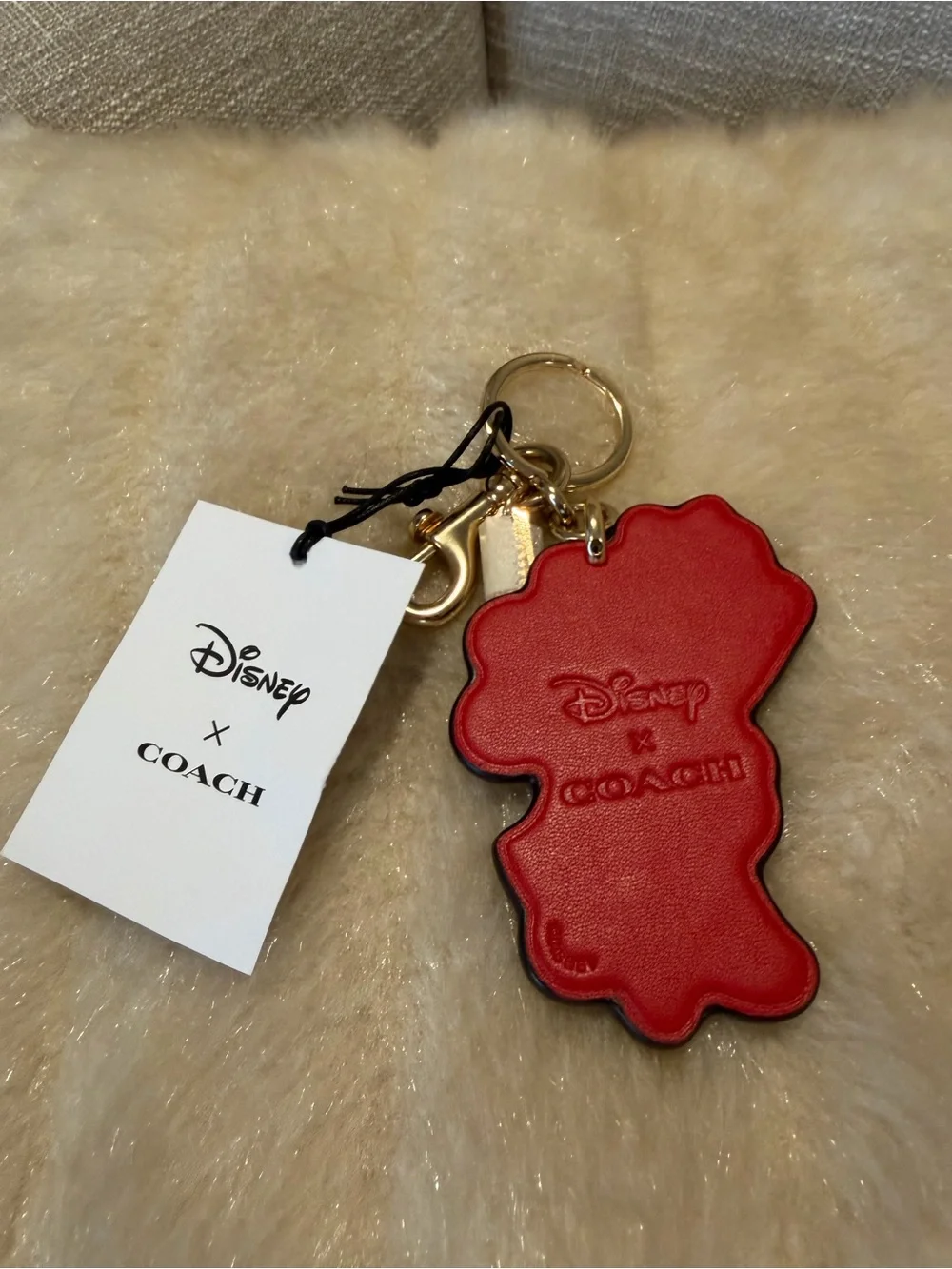 Coach Red Minnie Mouse Leather Charm Keyring with Gold Hardware